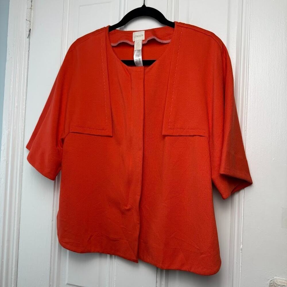 Chicos Jacket Womens Large Orange Stretch Gold Zipper Career Preppy Colorful